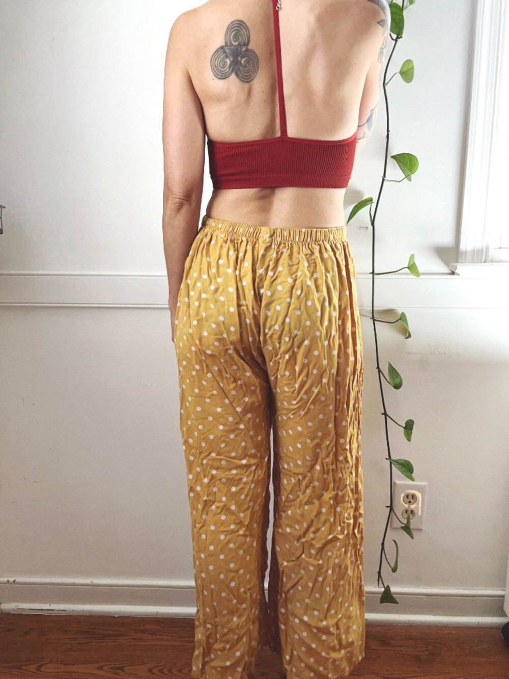 Polka Dot Mustard Yellow Wide-Leg Elastic Waist Pants Lightweight XS S Flowy Boh - Picture 3 of 8
